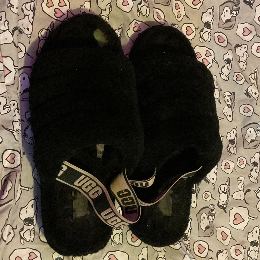 UGG Black Plush Slide Mules with Branded Elastic Heel Strap